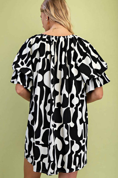 Geometric Print Loose Fit Mini Dress With Gathered Balloon Sleeves