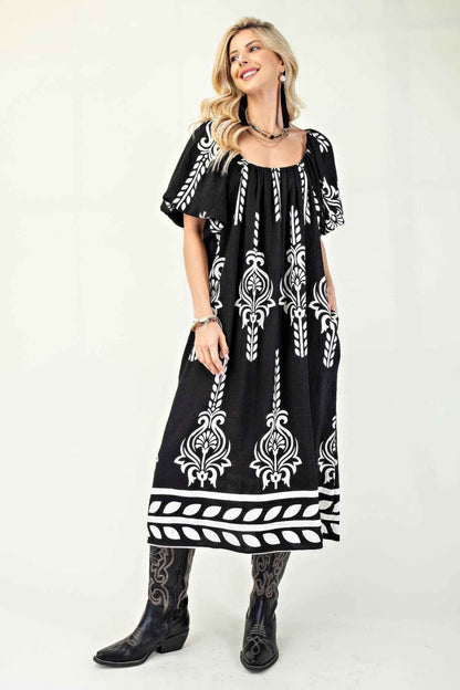 Printed Midi Dress With Short Puff Sleeves