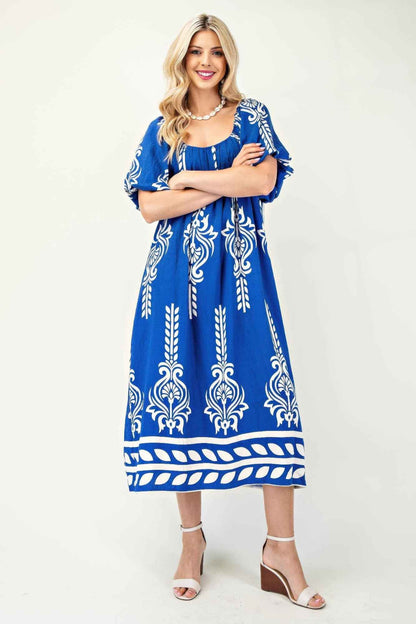 Printed Midi Dress With Short Puff Sleeves