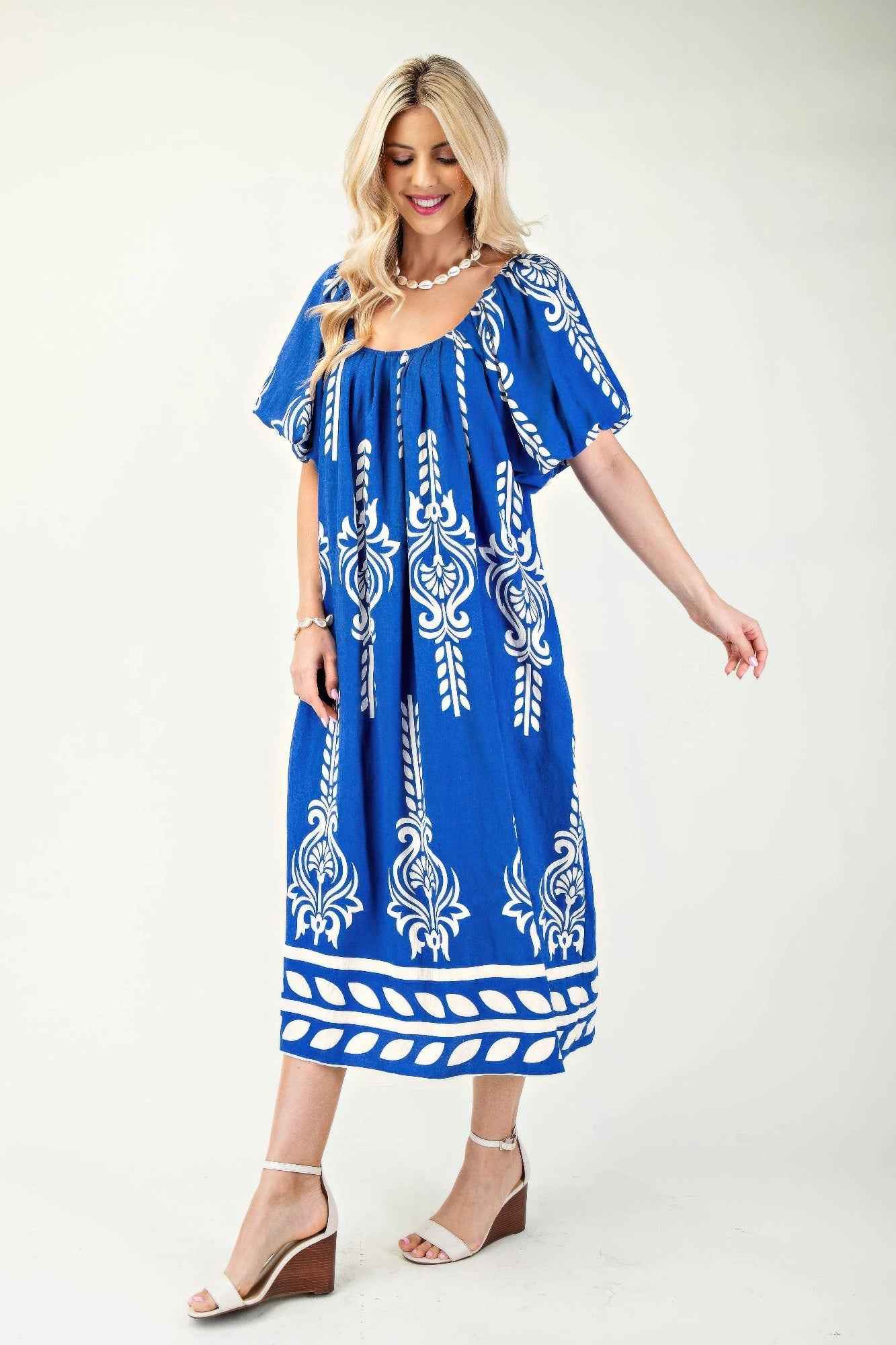 Printed Midi Dress With Short Puff Sleeves