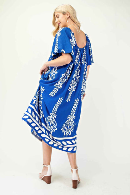 Printed Midi Dress With Short Puff Sleeves