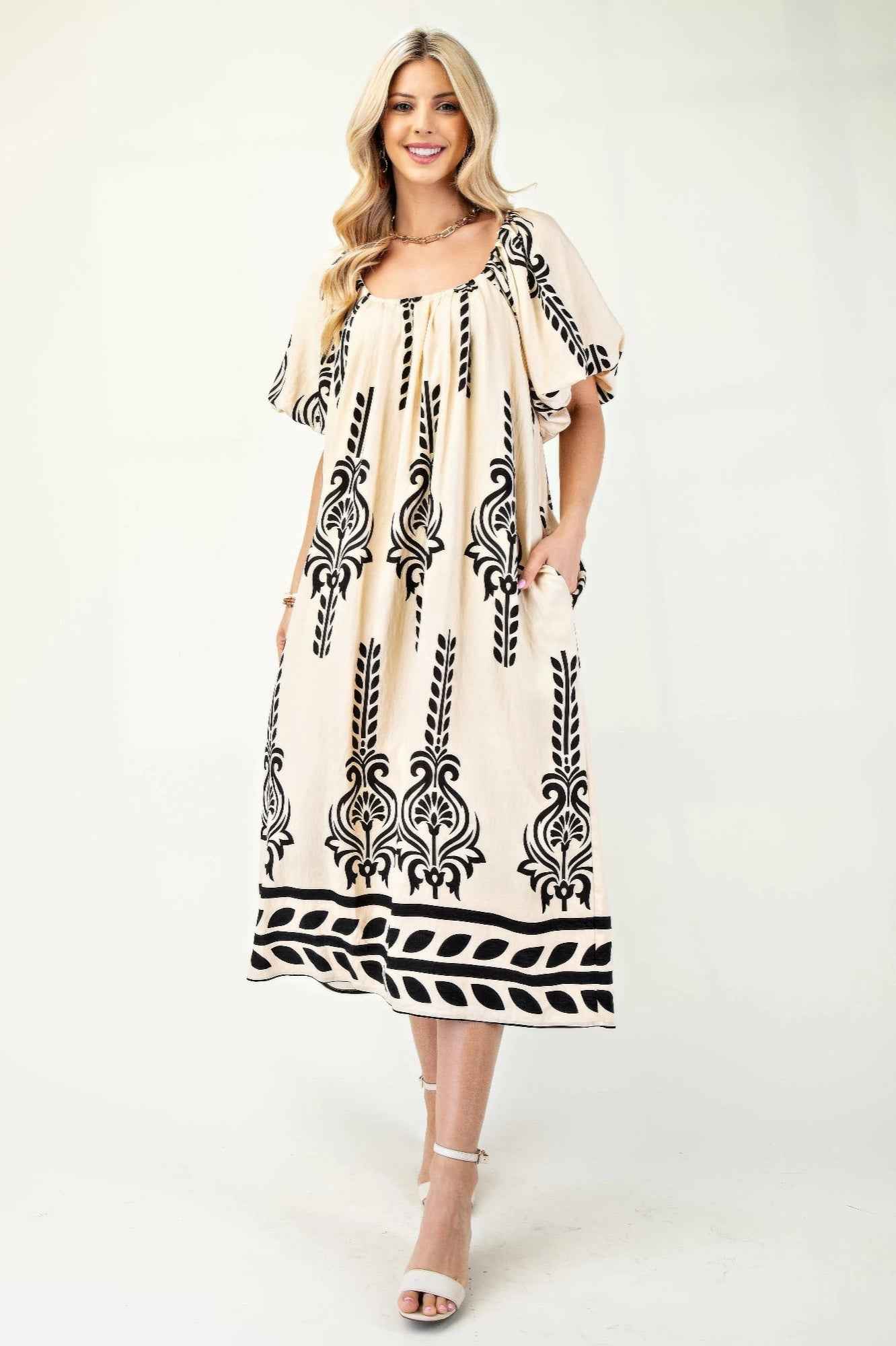 Printed Midi Dress With Short Puff Sleeves