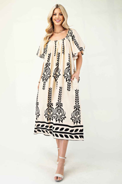 Printed Midi Dress With Short Puff Sleeves