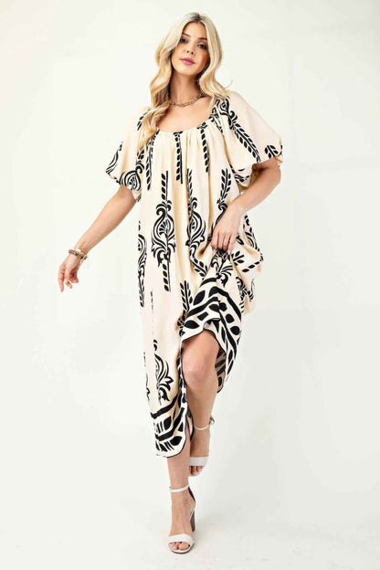 Printed Midi Dress With Short Puff Sleeves