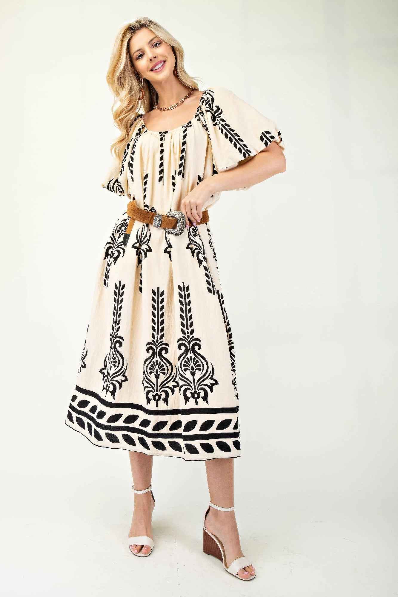 Printed Midi Dress With Short Puff Sleeves