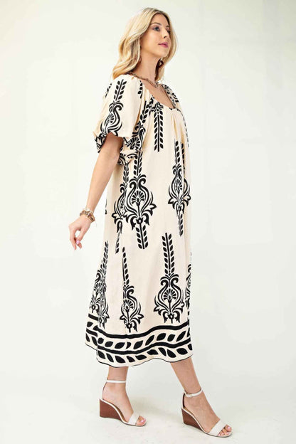 Printed Midi Dress With Short Puff Sleeves