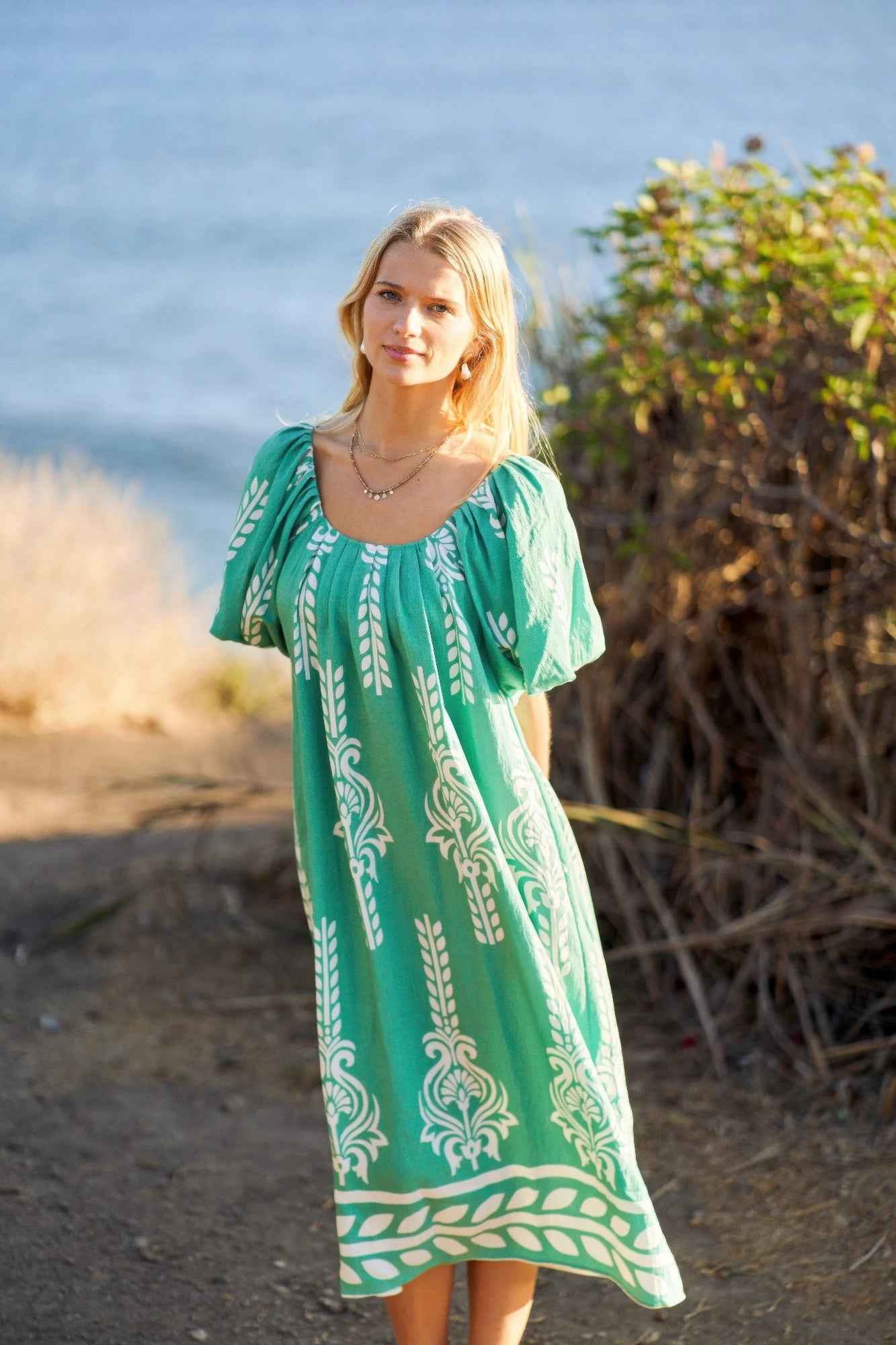 Printed Midi Dress With Short Puff Sleeves