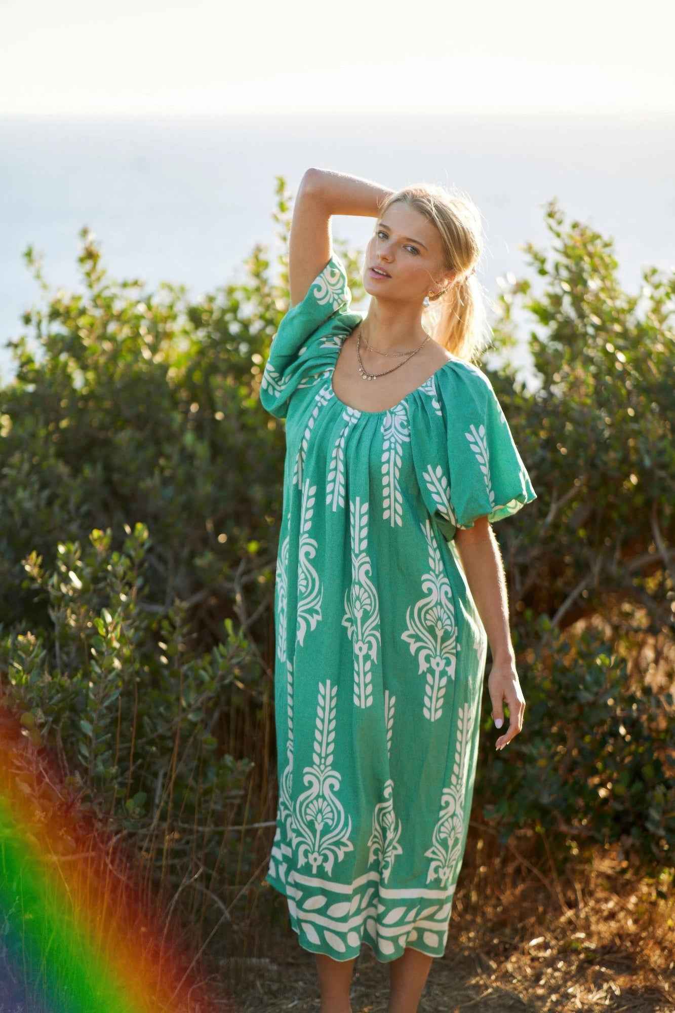 Printed Midi Dress With Short Puff Sleeves