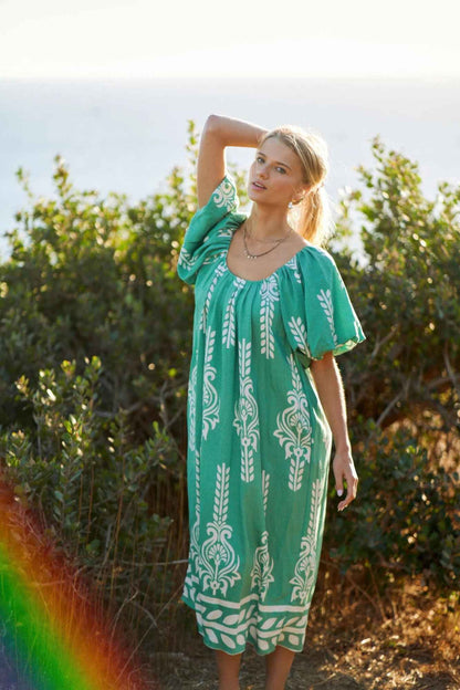 Printed Midi Dress With Short Puff Sleeves