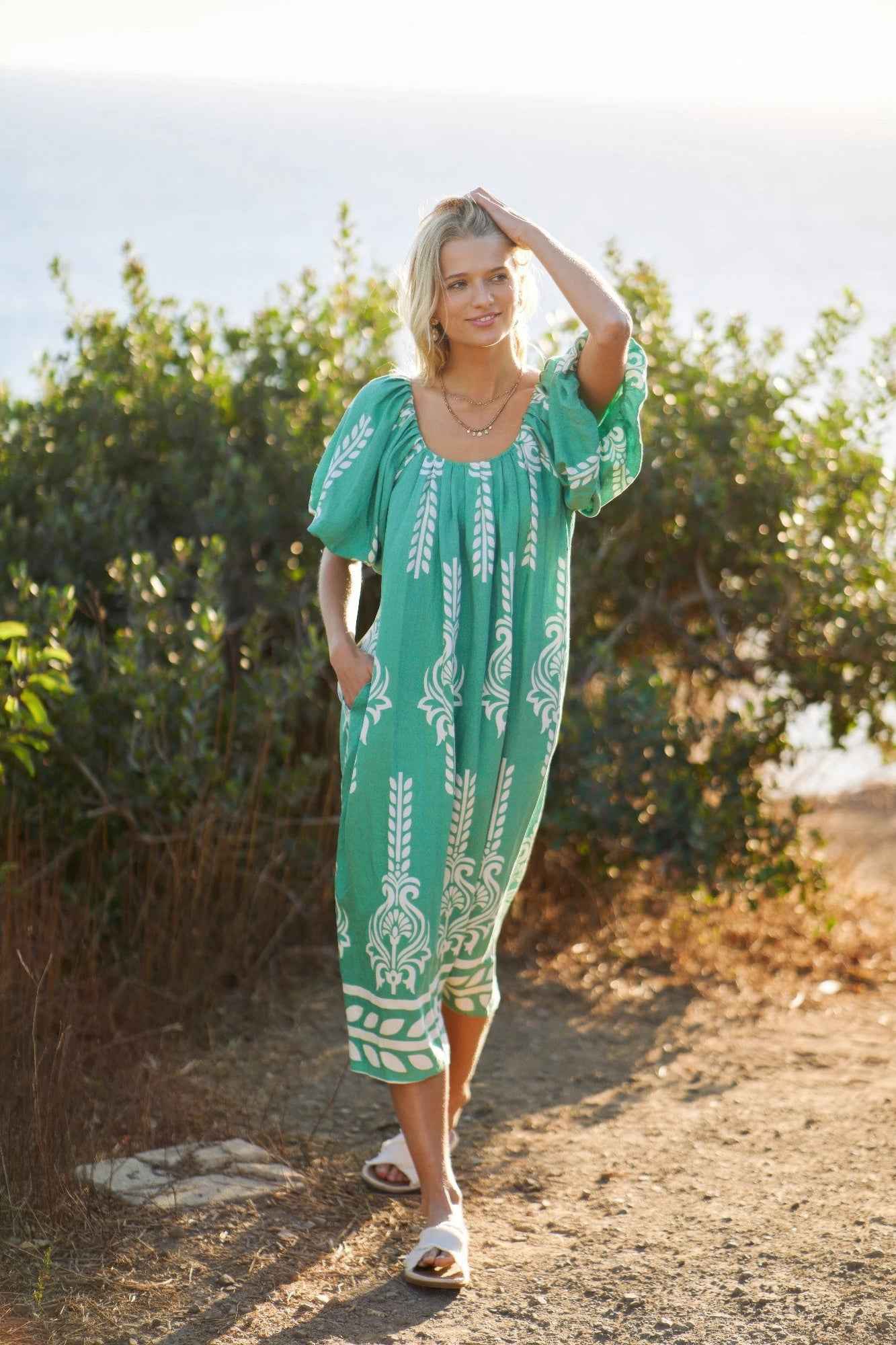 Printed Midi Dress With Short Puff Sleeves