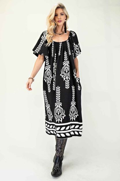 Printed Midi Dress With Short Puff Sleeves