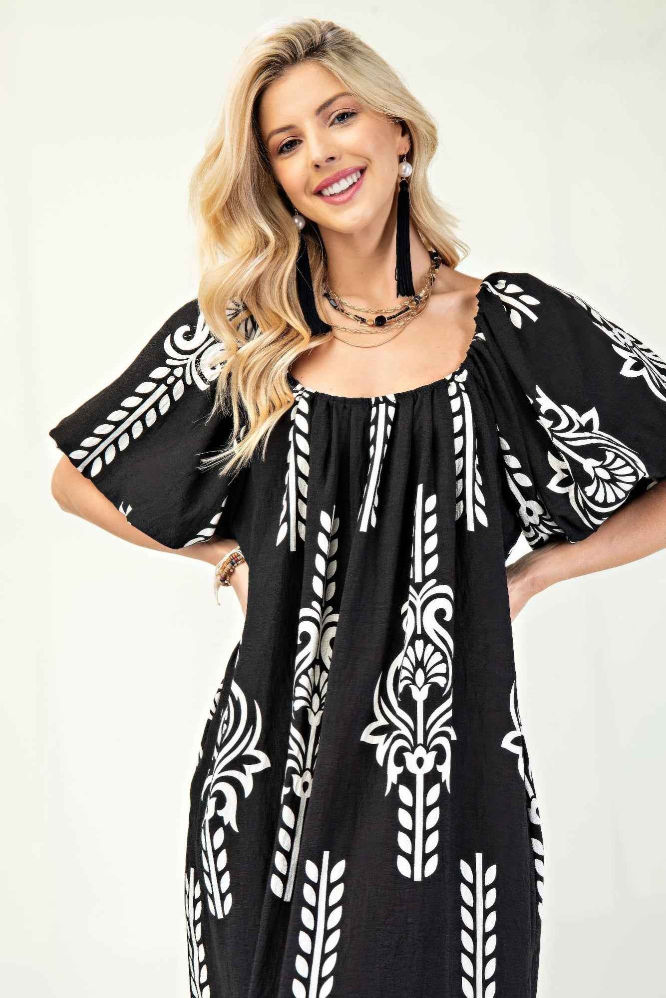 Printed Midi Dress With Short Puff Sleeves