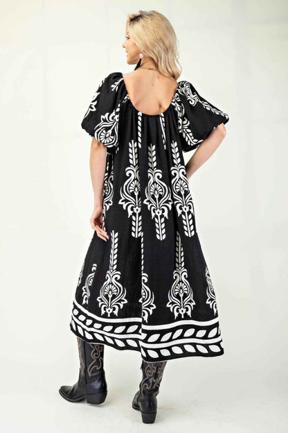 Printed Midi Dress With Short Puff Sleeves