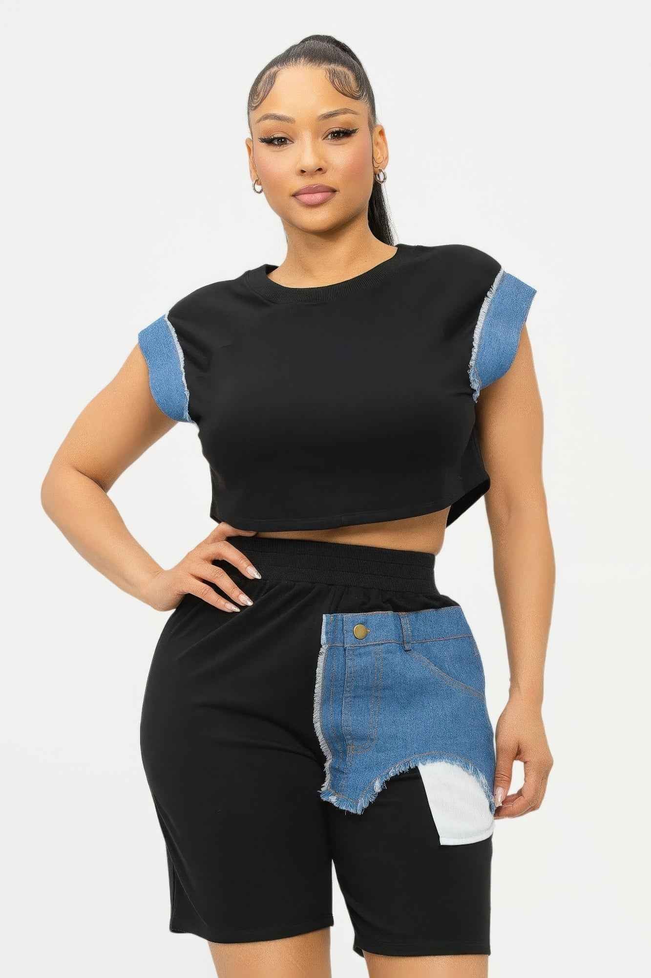 Color Block Denim Sleeve Top And Biker Shorts Set