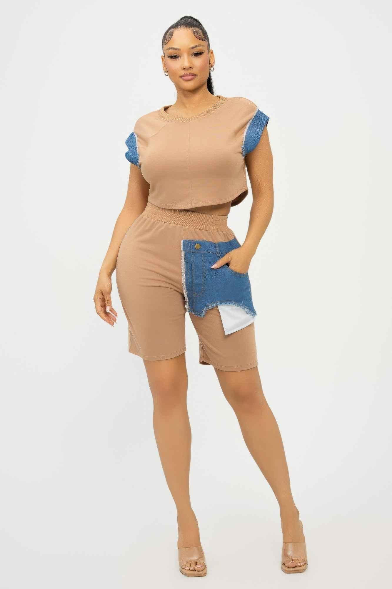 Color Block Denim Sleeve Top And Biker Shorts Set