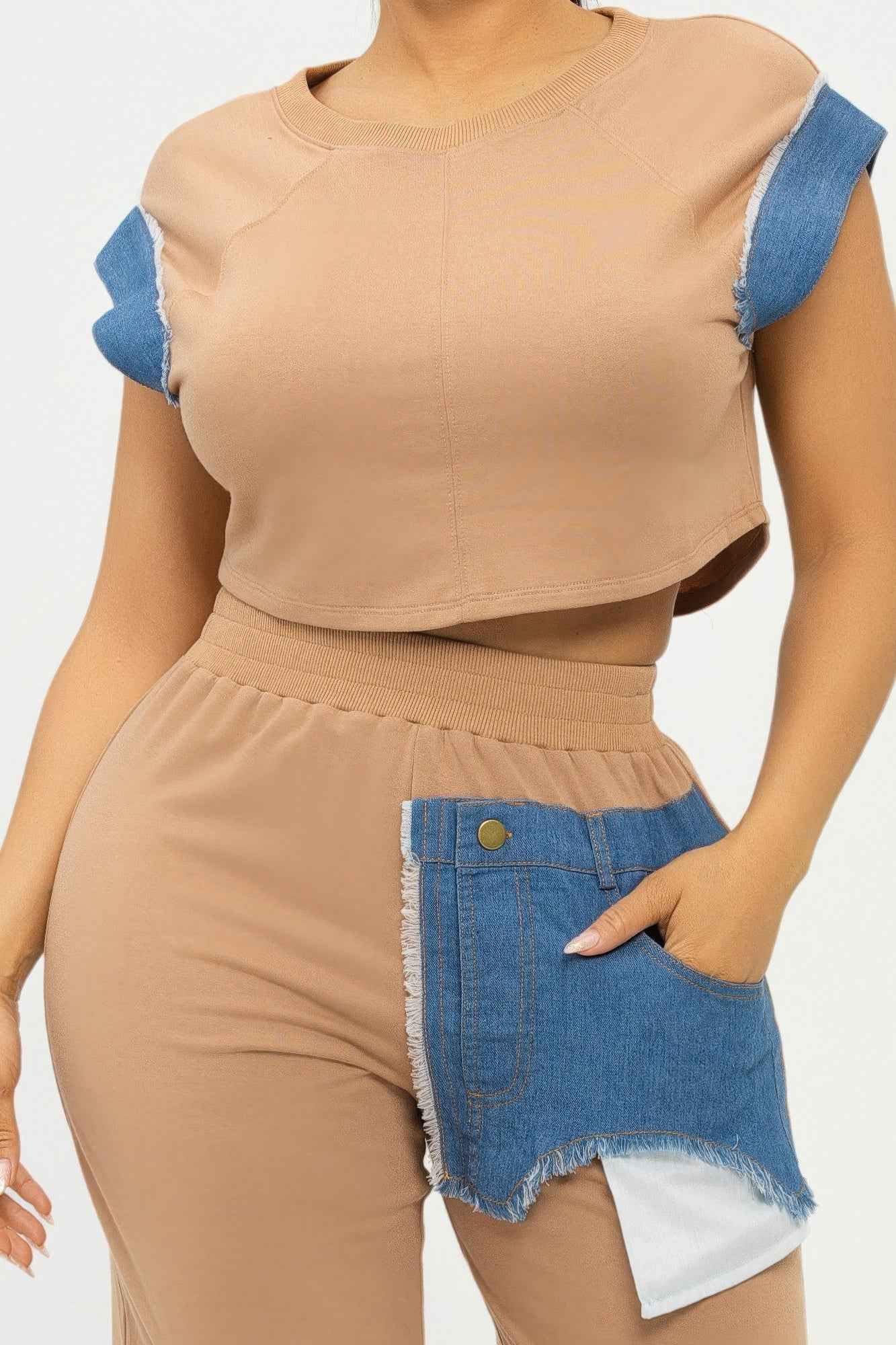 Color Block Denim Sleeve Top And Biker Shorts Set