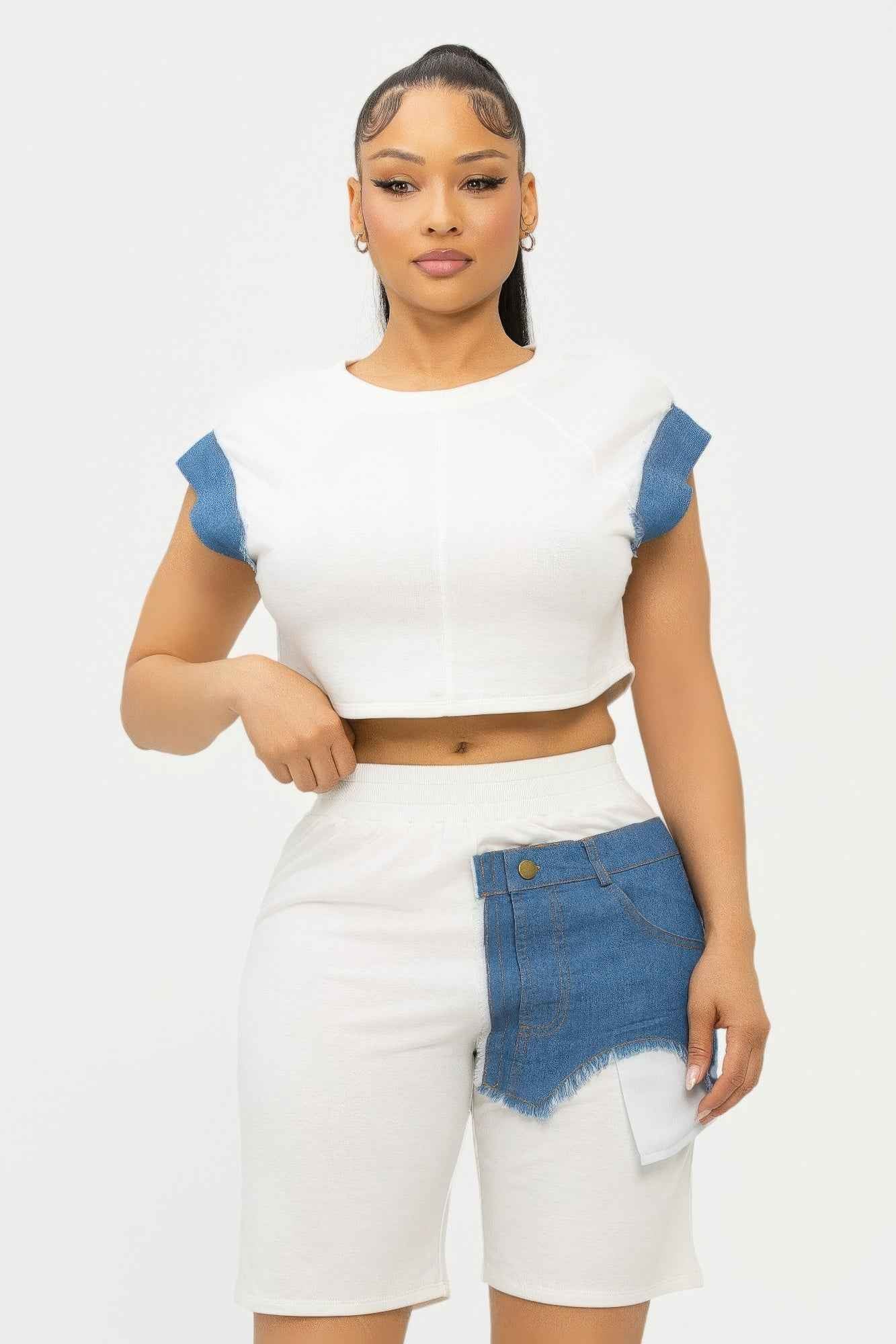 Color Block Denim Sleeve Top And Biker Shorts Set