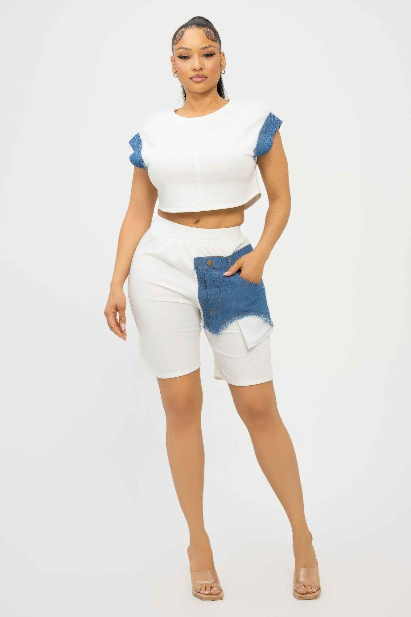 Color Block Denim Sleeve Top And Biker Shorts Set