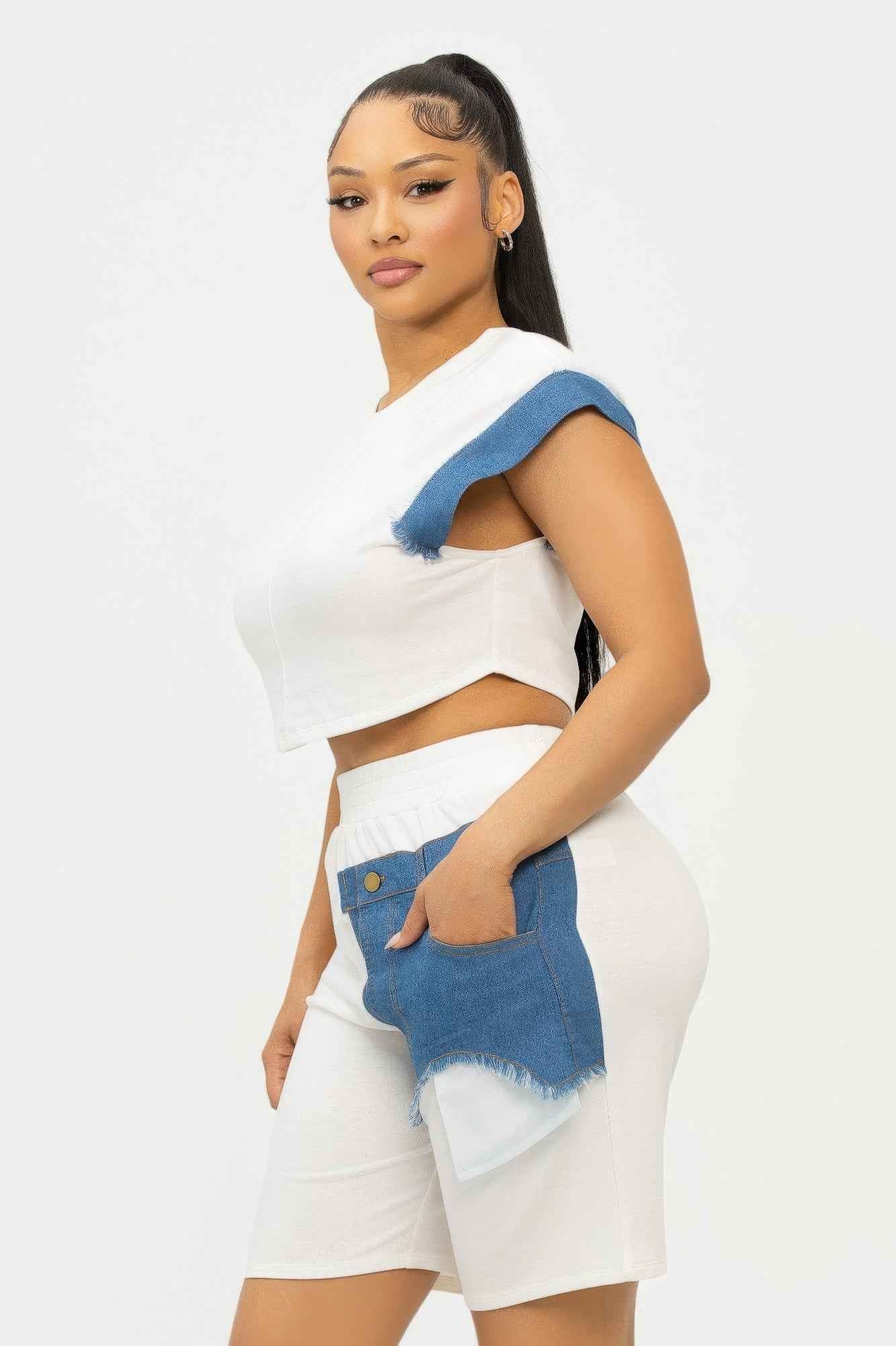 Color Block Denim Sleeve Top And Biker Shorts Set