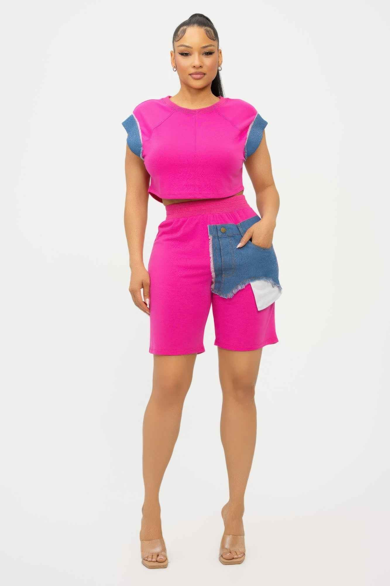 Color Block Denim Sleeve Top And Biker Shorts Set
