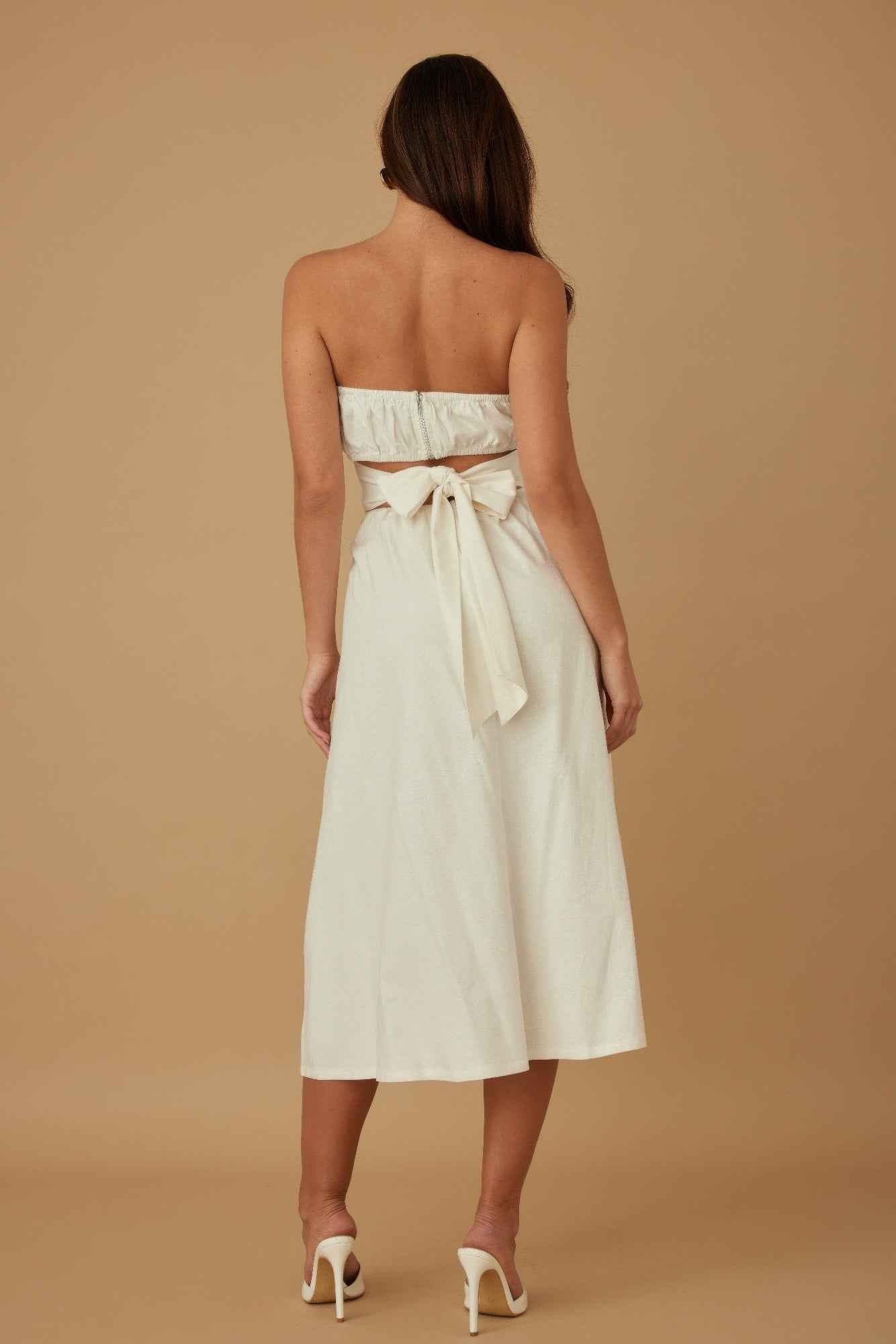 Flower Lining Linen Pattern Strapless Dress