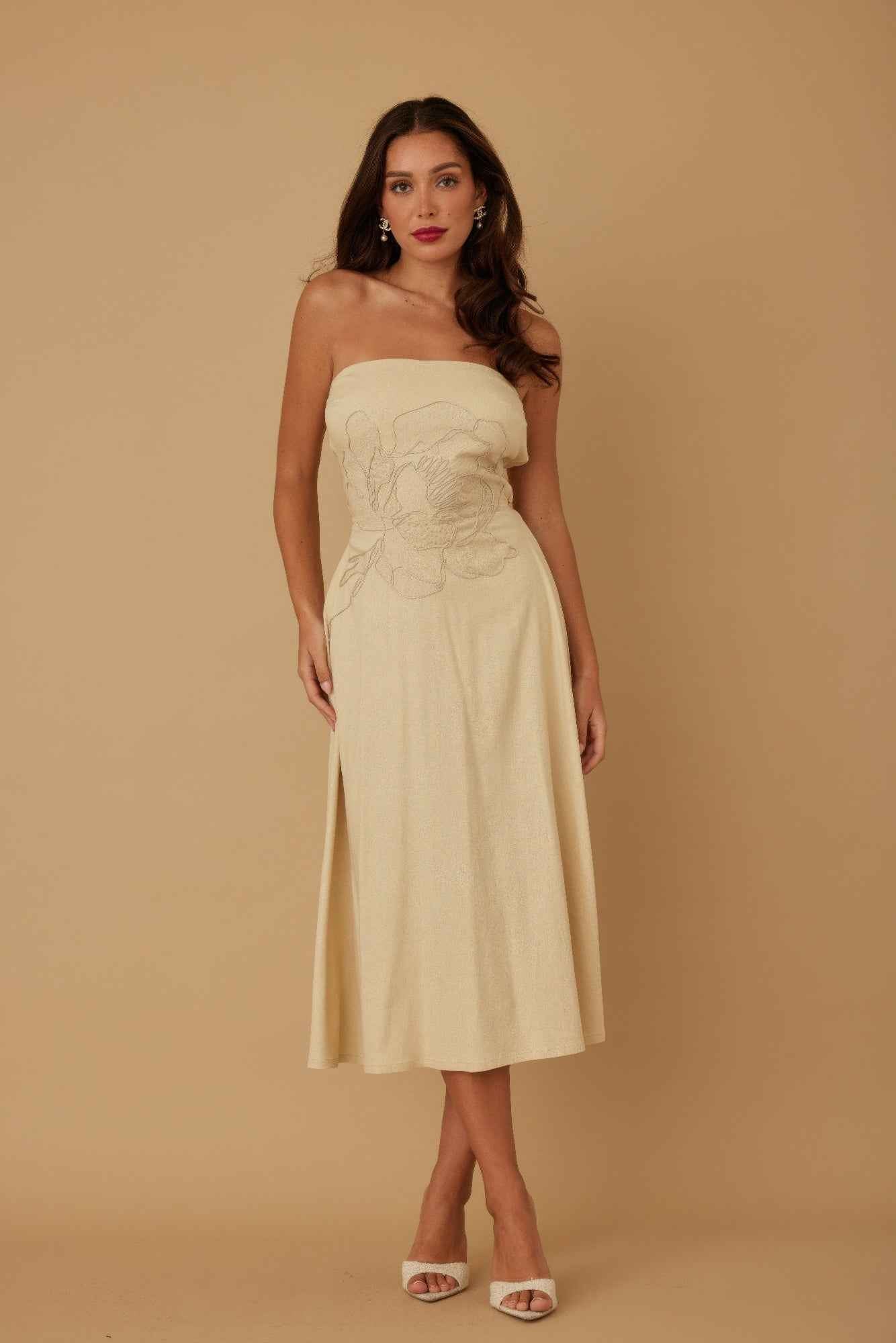 Flower Lining Linen Pattern Strapless Dress