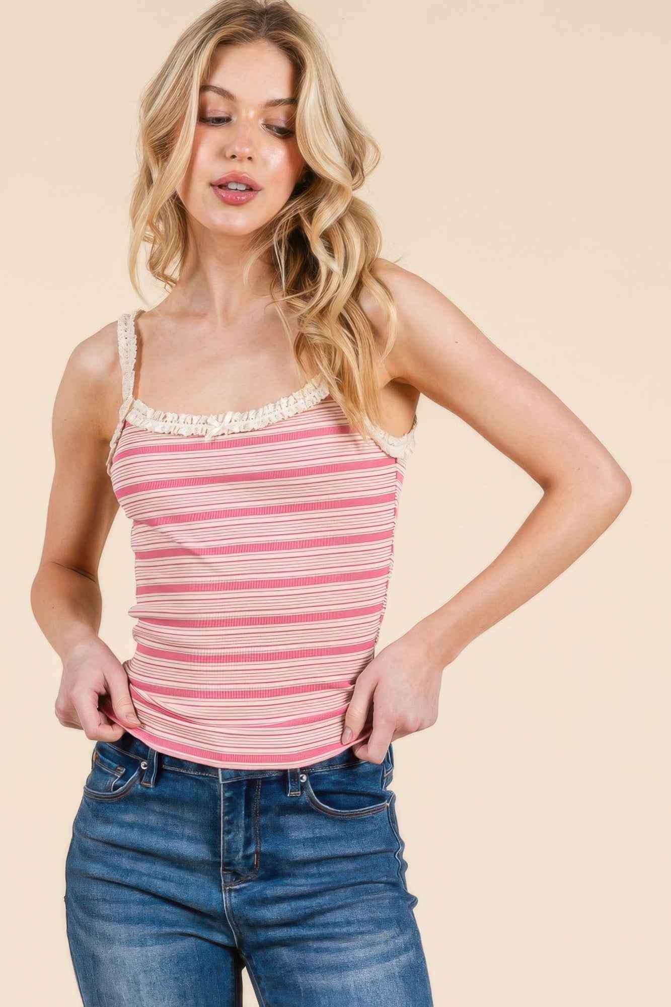 Stripped Ribbed Tank W/lace Detail