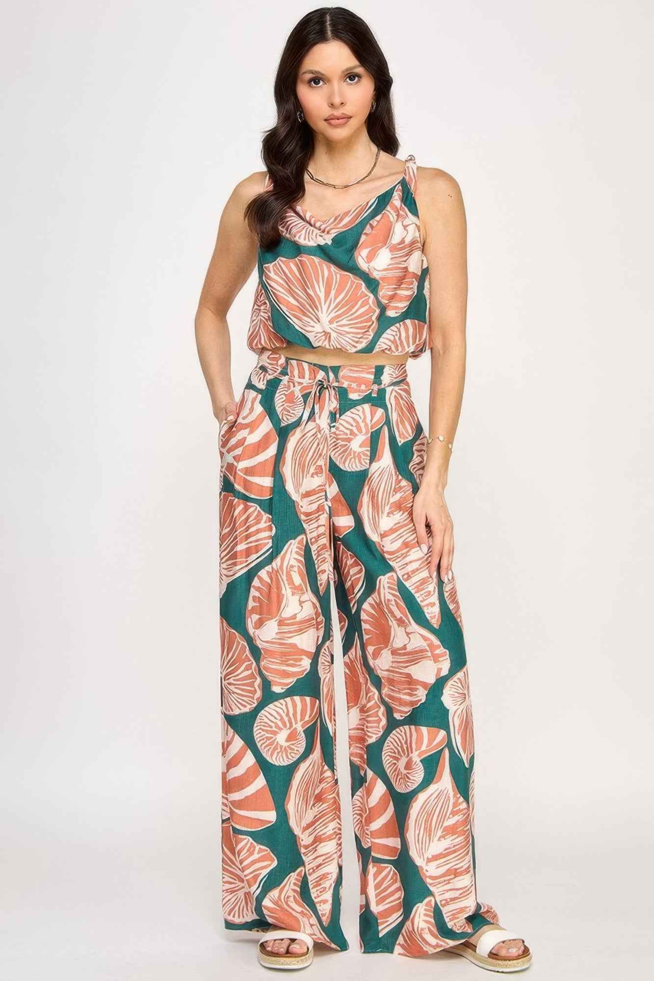 Printed Sleeveless Bubble Hem Top And Paper Bag Waist Pants Set