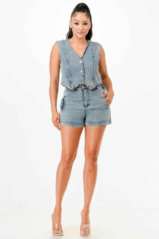 Classic Denim Vest And Short Pants Set