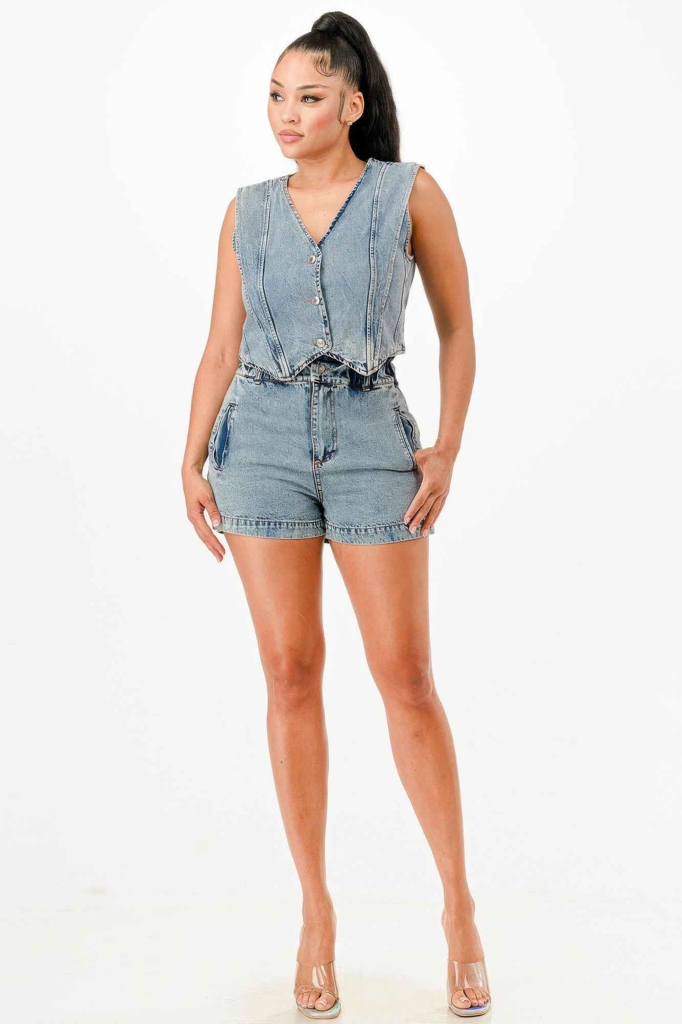 Classic Denim Vest And Short Pants Set