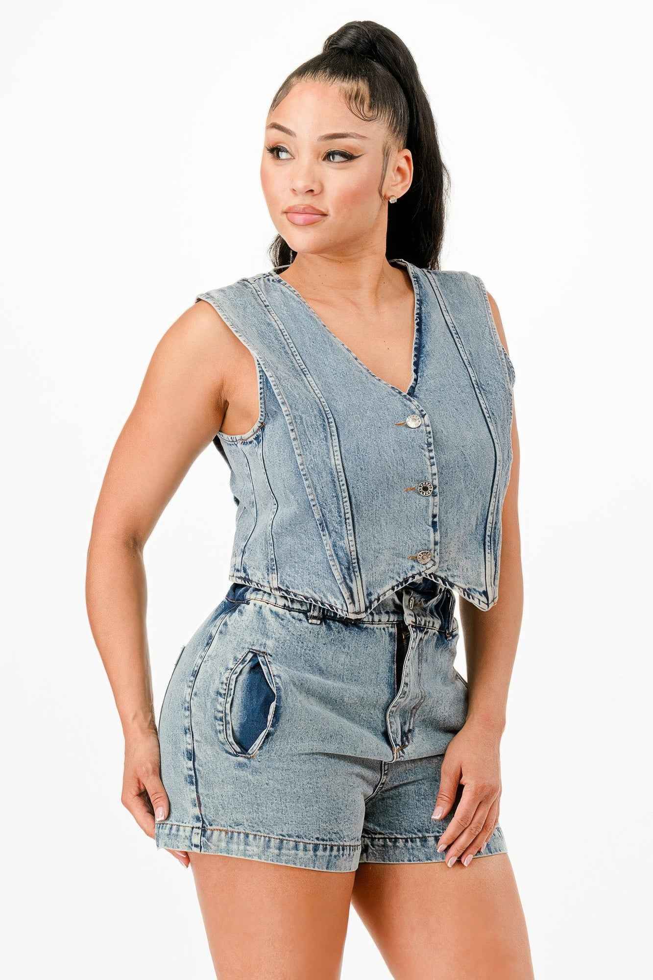 Classic Denim Vest And Short Pants Set