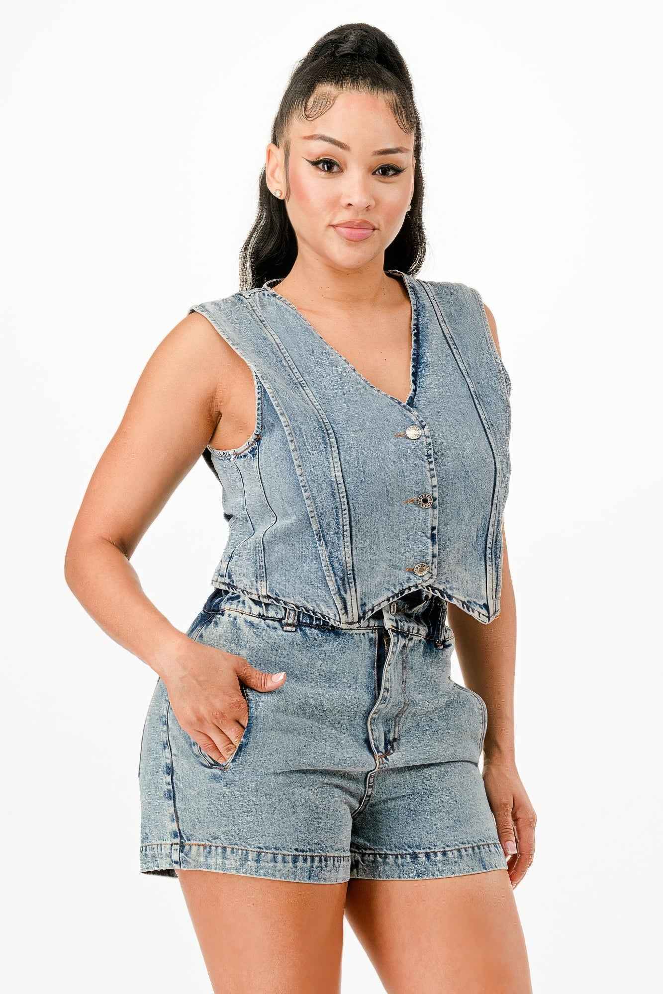 Classic Denim Vest And Short Pants Set