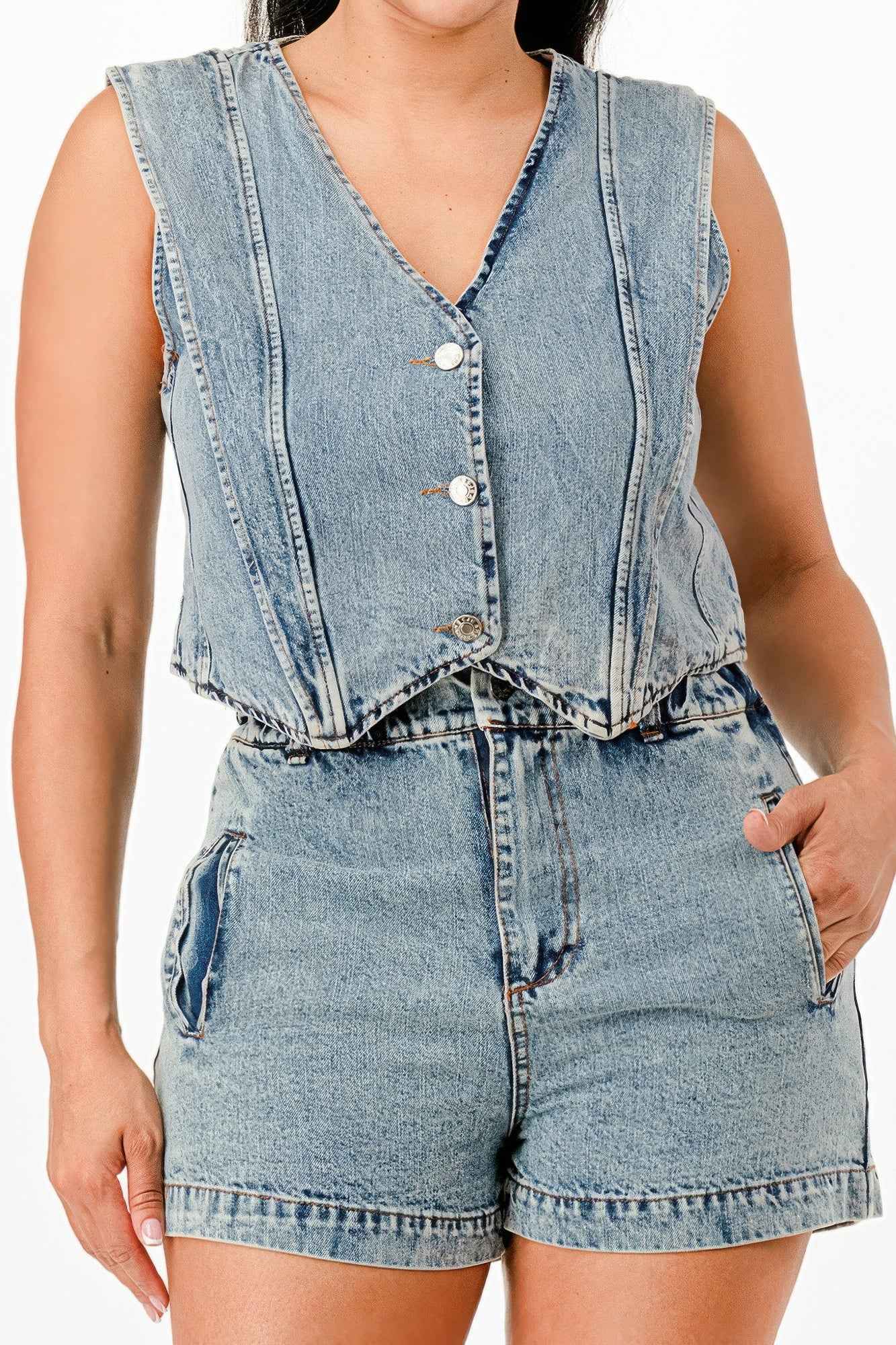 Classic Denim Vest And Short Pants Set