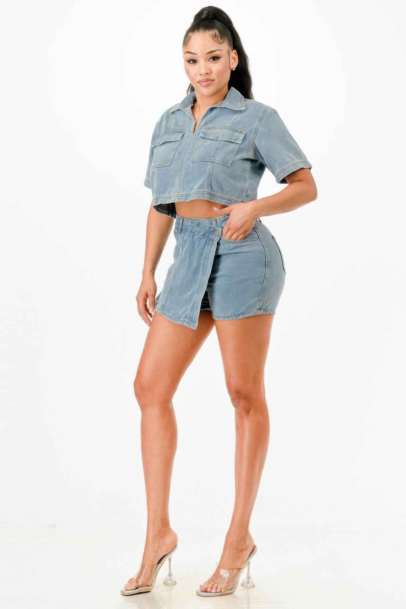 Cropped Denim Shirt And Skort Set