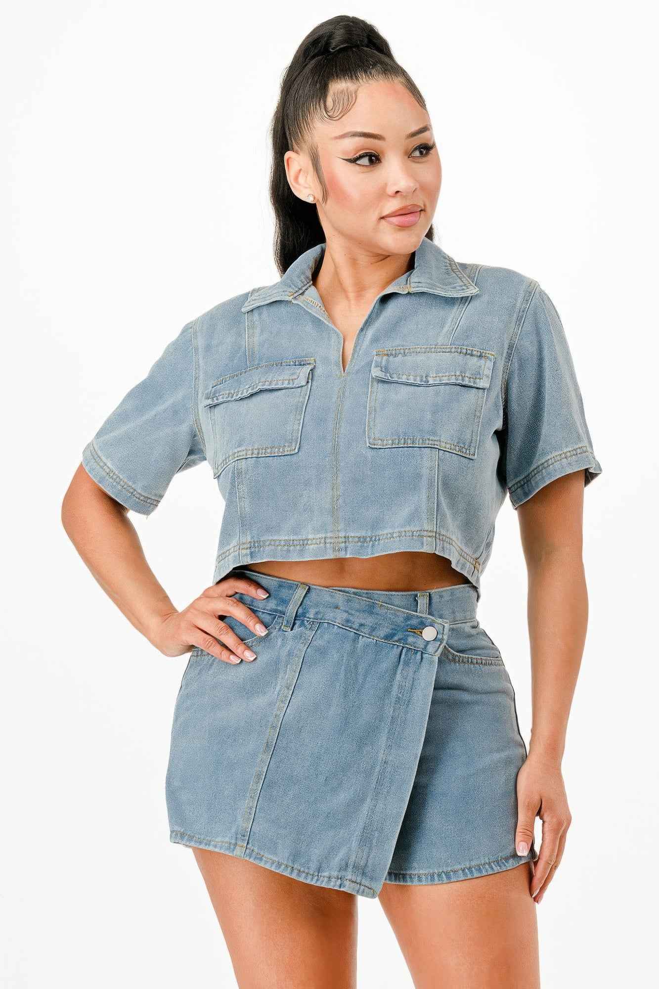Cropped Denim Shirt And Skort Set