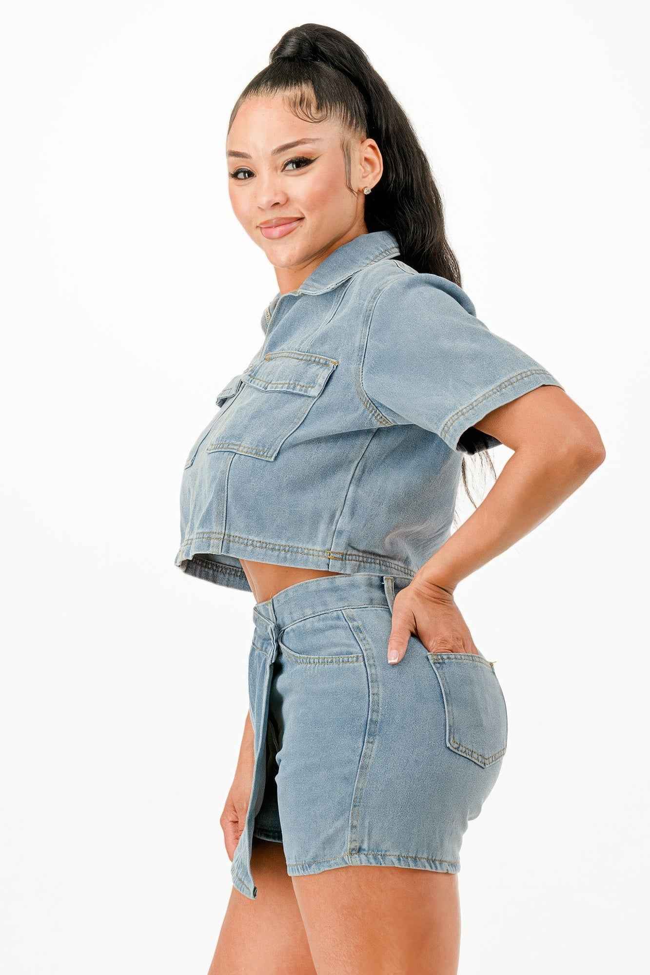Cropped Denim Shirt And Skort Set