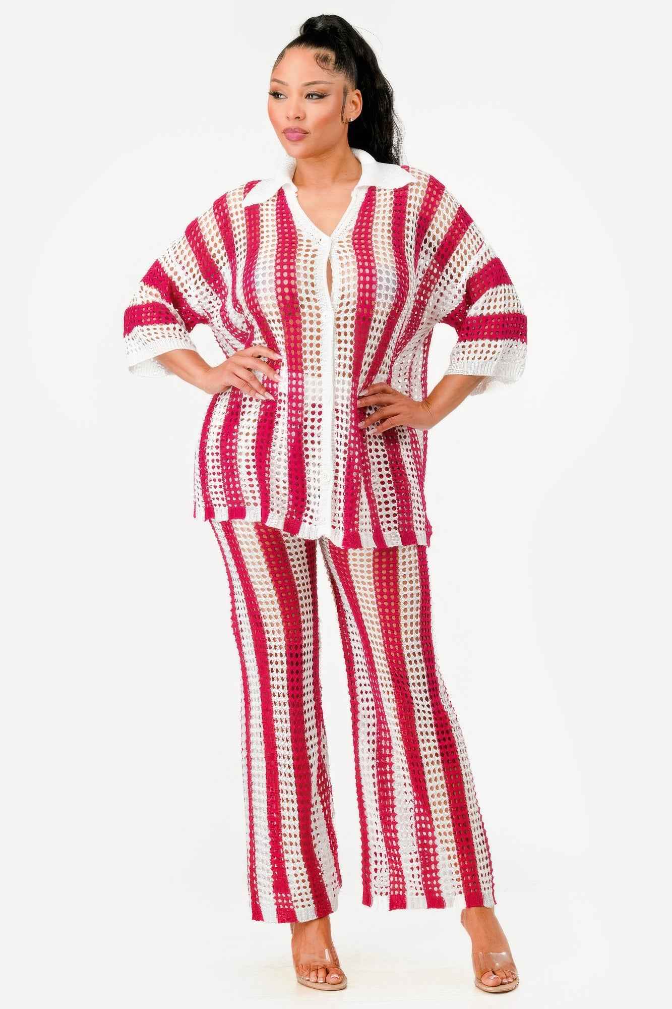 Sheer Stripe Polo Knit Pants Set