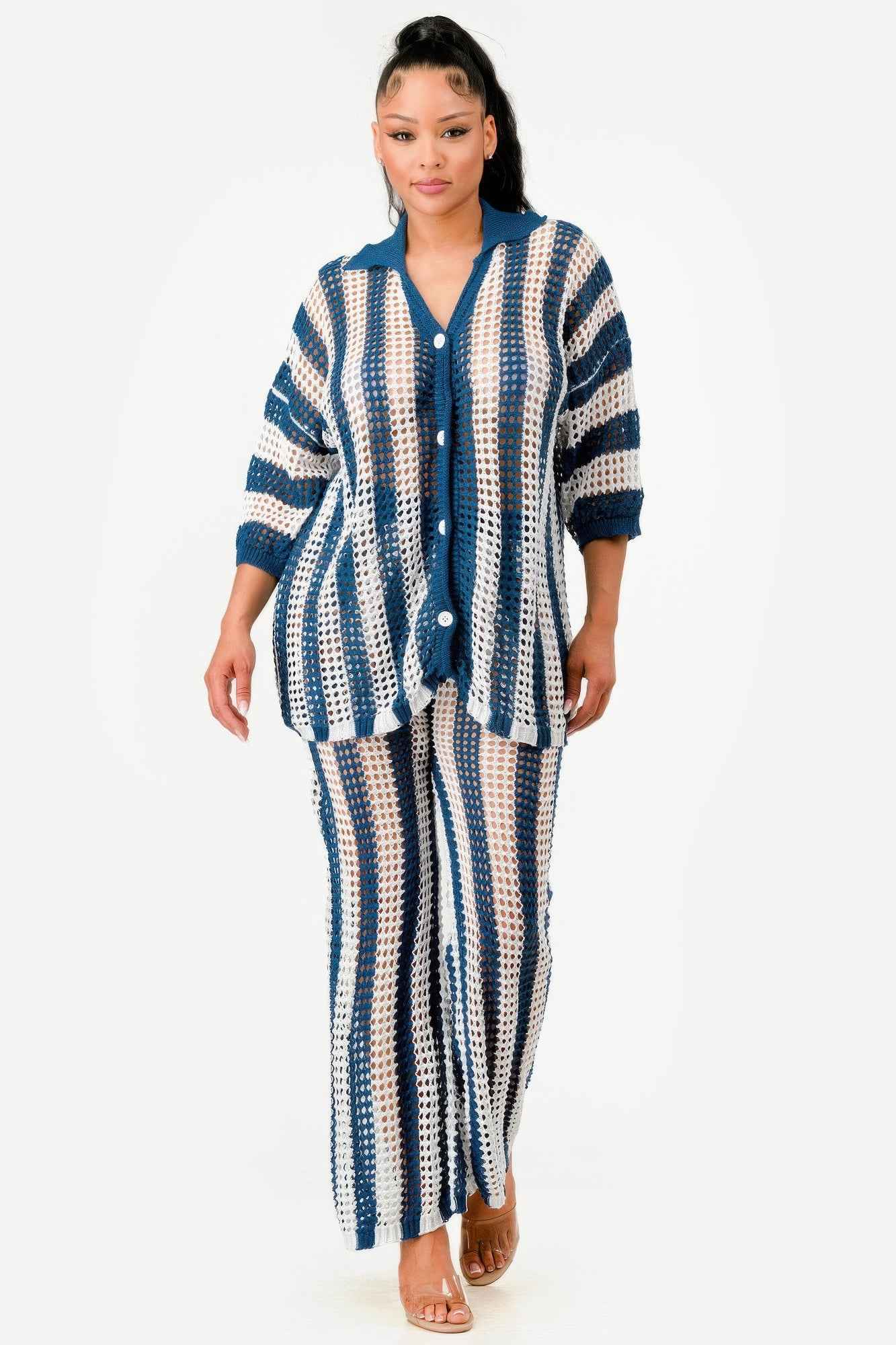 Sheer Stripe Polo Knit Pants Set