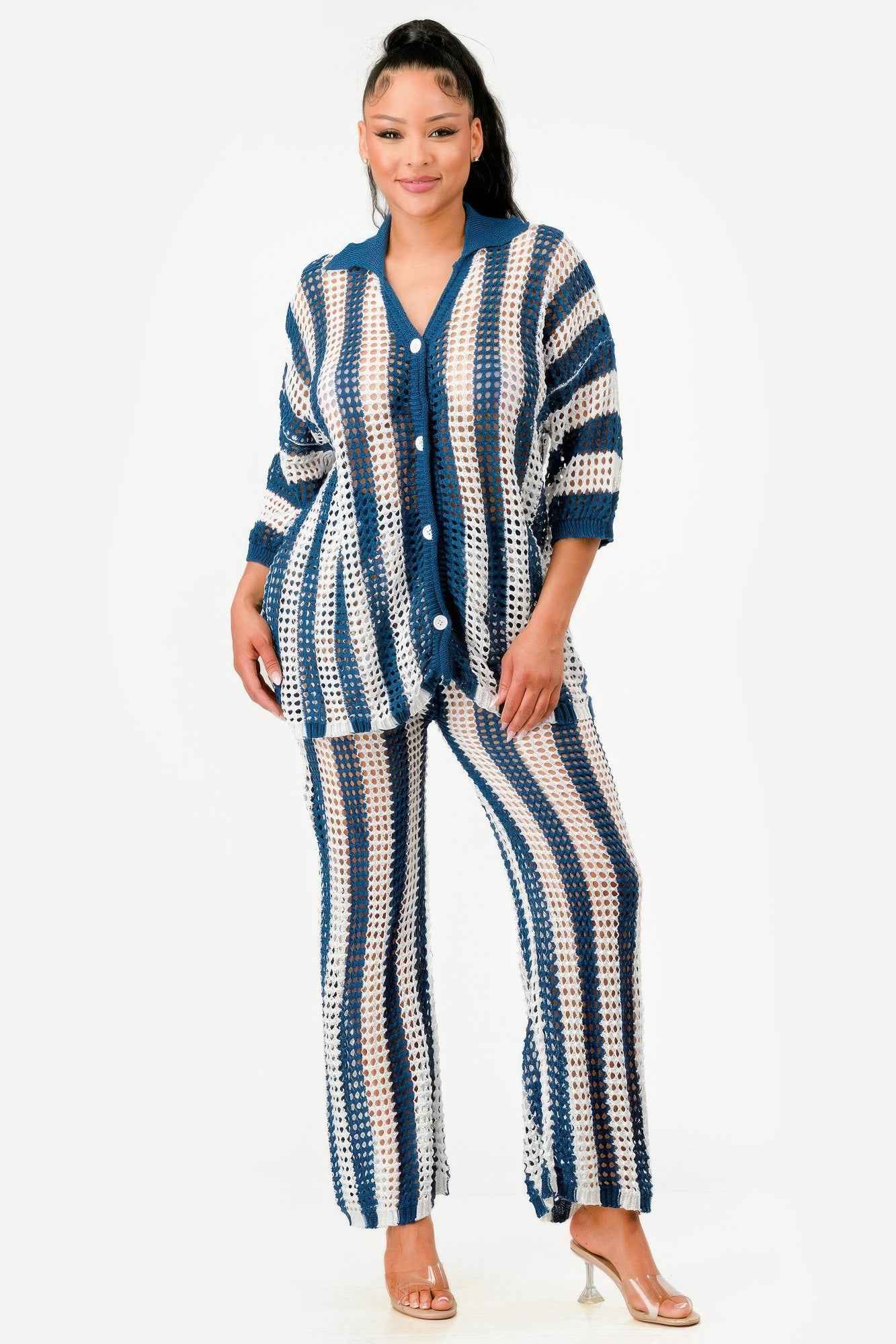 Sheer Stripe Polo Knit Pants Set