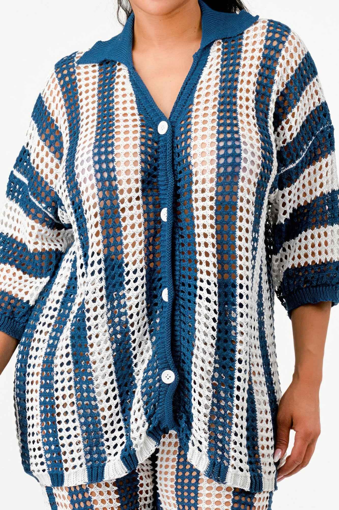 Sheer Stripe Polo Knit Pants Set