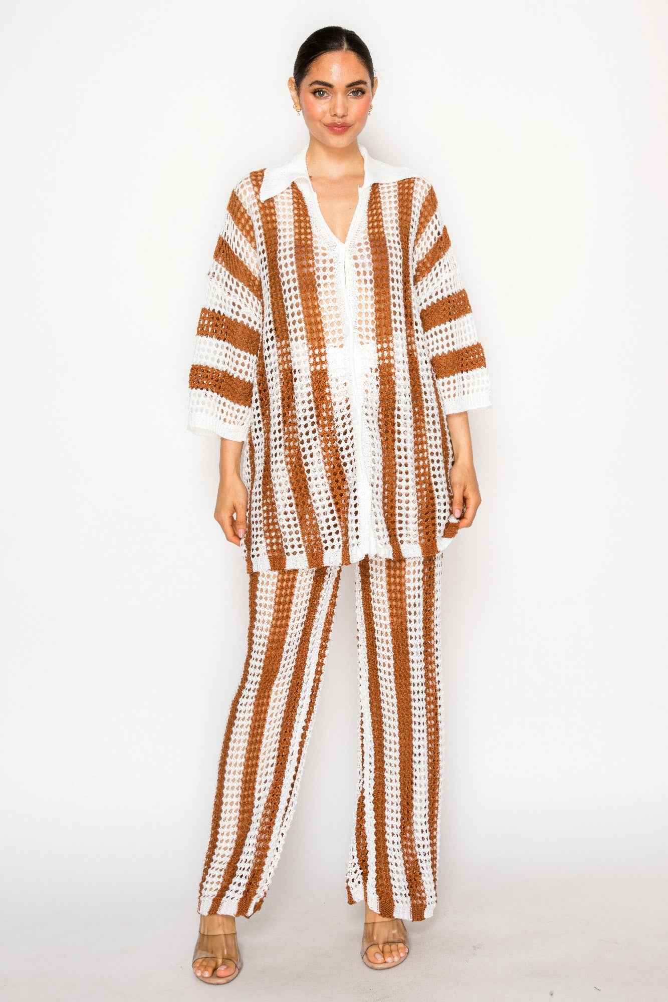 Sheer Stripe Polo Knit Pants Set