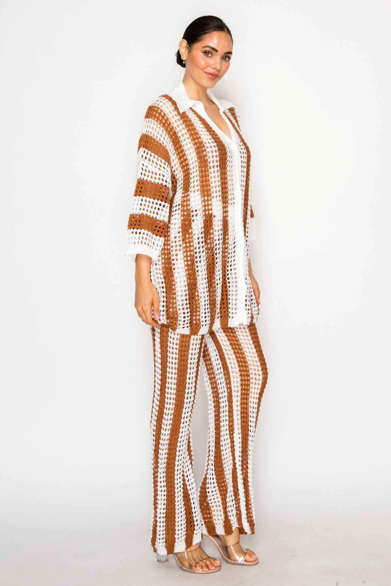 Sheer Stripe Polo Knit Pants Set
