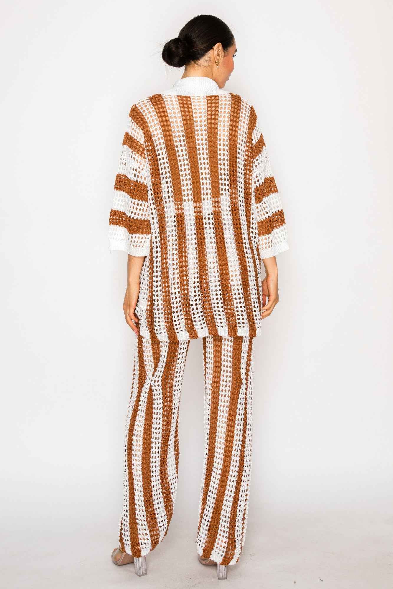 Sheer Stripe Polo Knit Pants Set