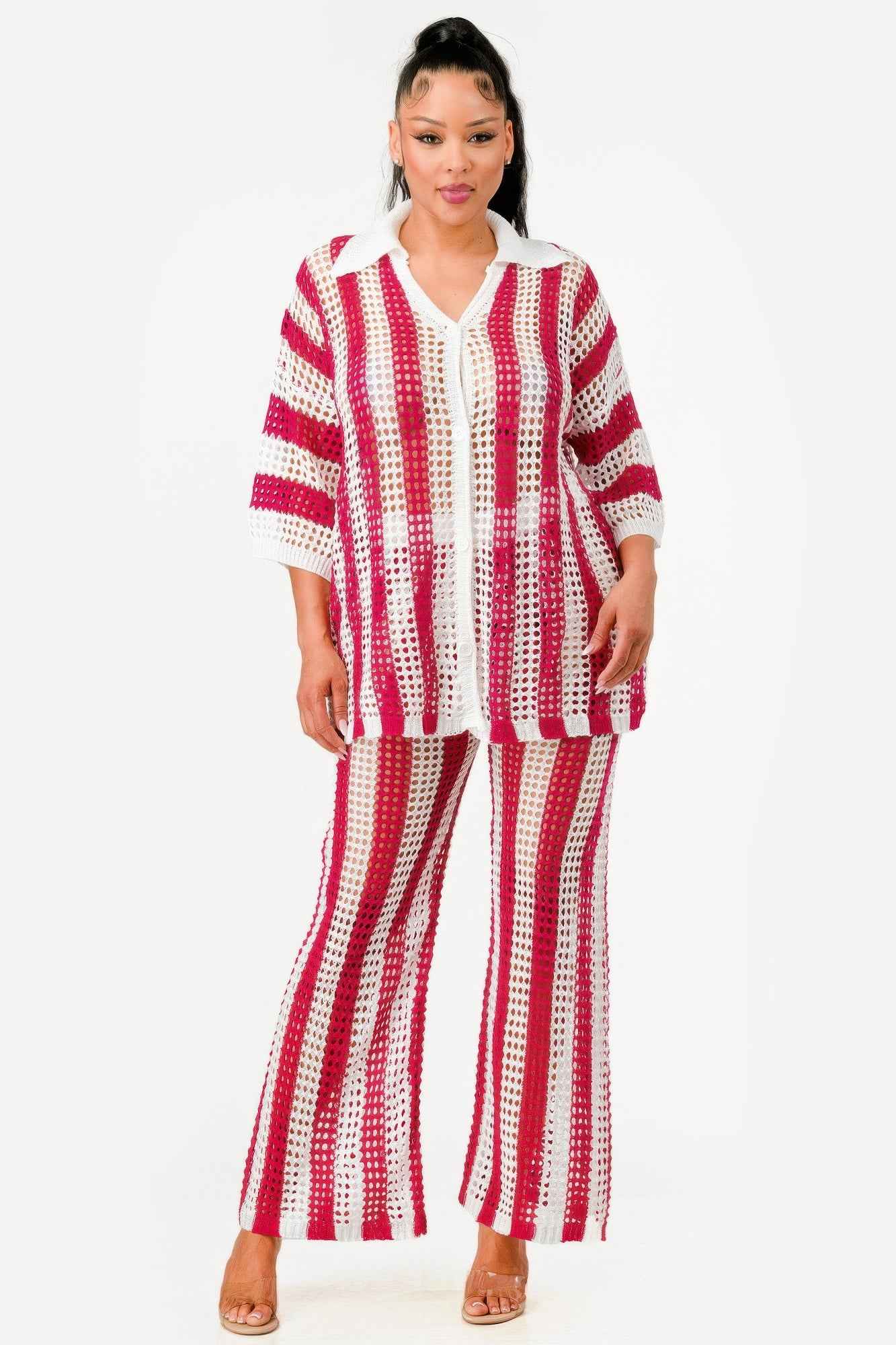 Sheer Stripe Polo Knit Pants Set