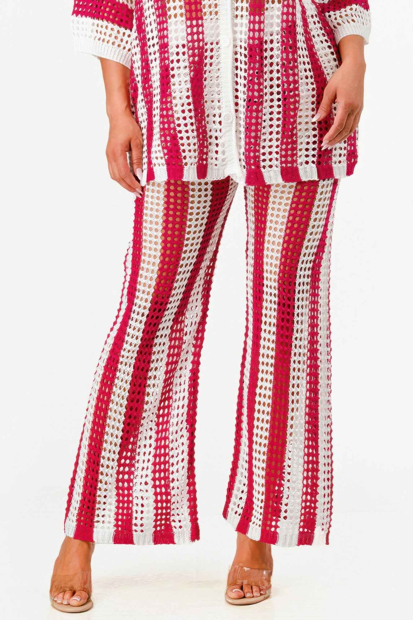 Sheer Stripe Polo Knit Pants Set