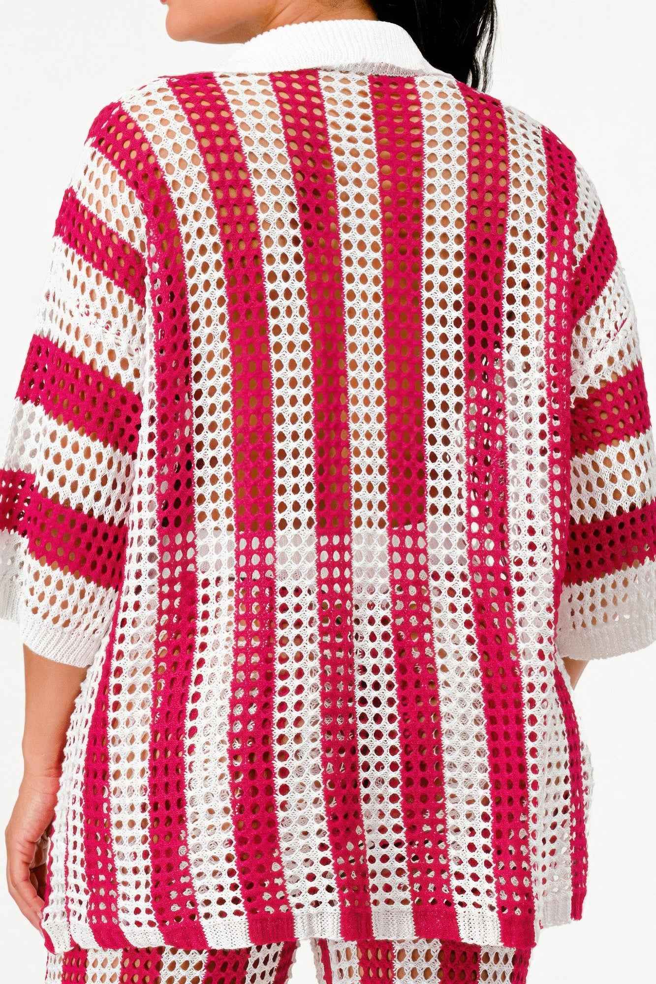 Sheer Stripe Polo Knit Pants Set