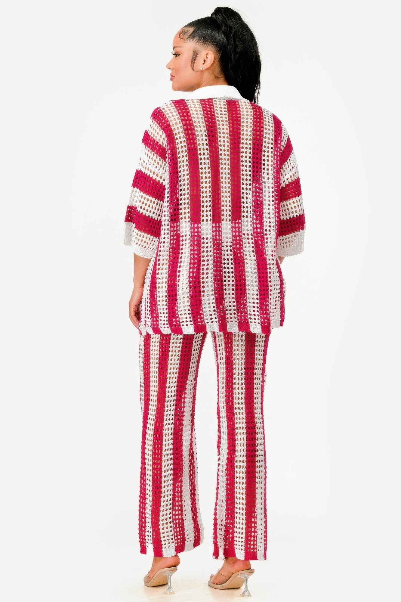 Sheer Stripe Polo Knit Pants Set