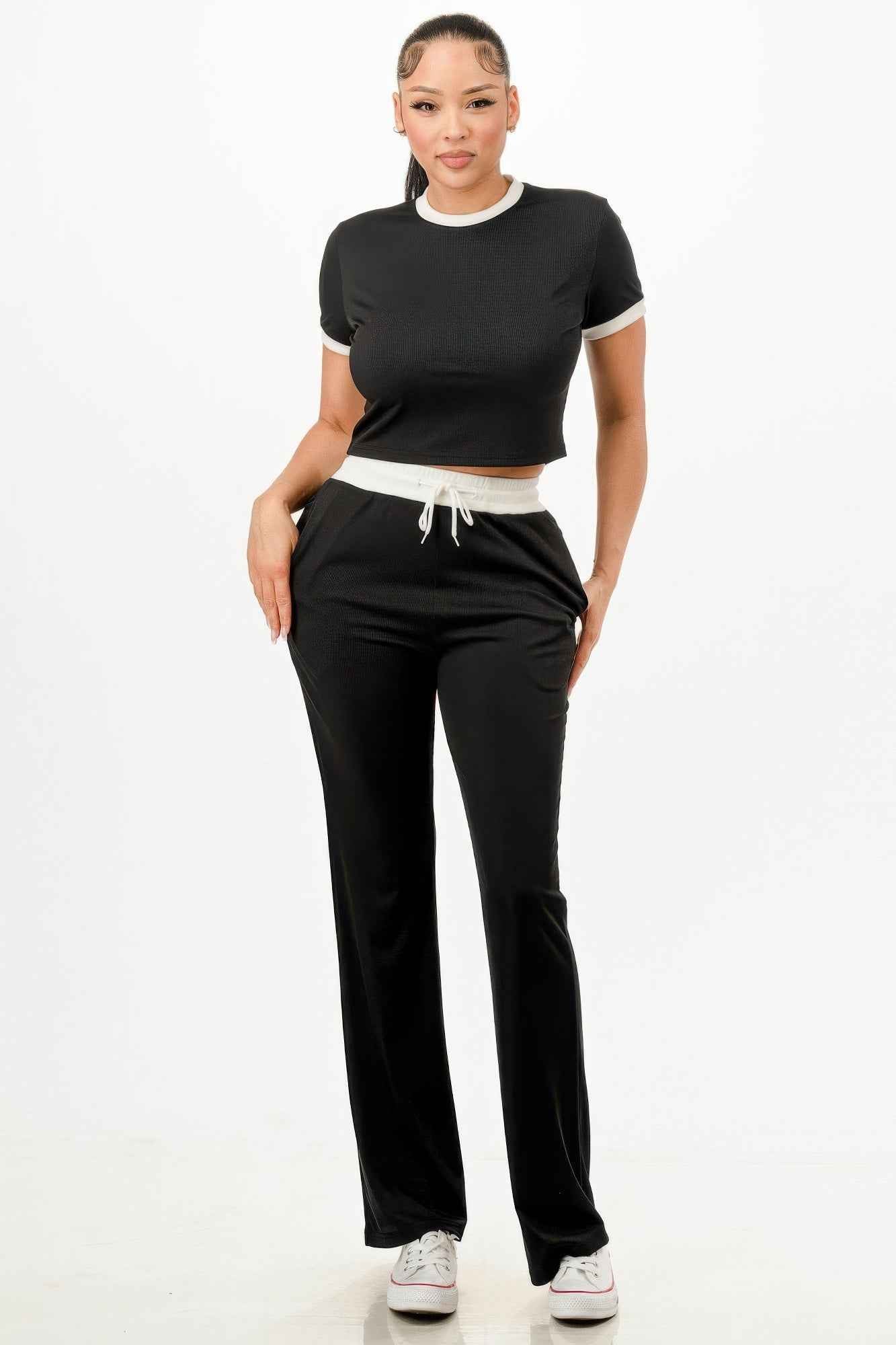 Ribbed Contrast Binding Top And Pants Set