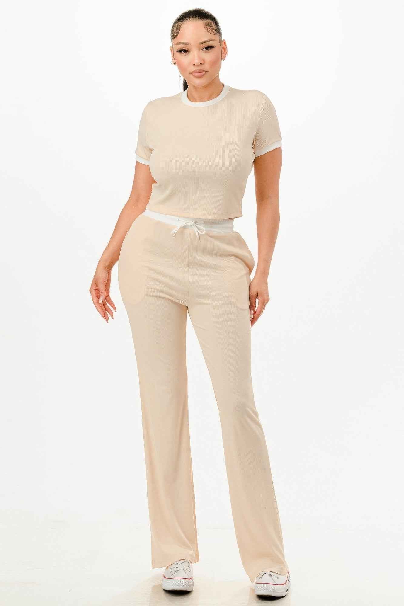 Ribbed Contrast Binding Top And Pants Set