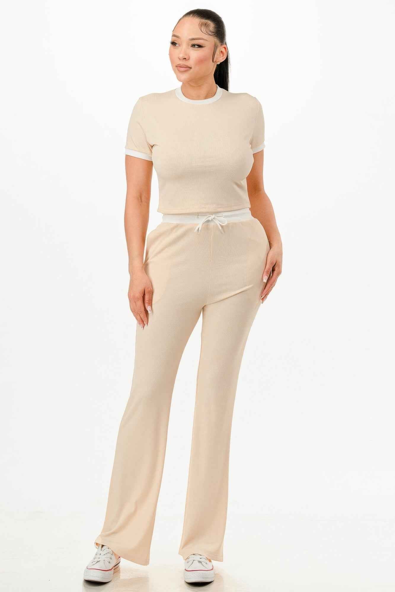 Ribbed Contrast Binding Top And Pants Set
